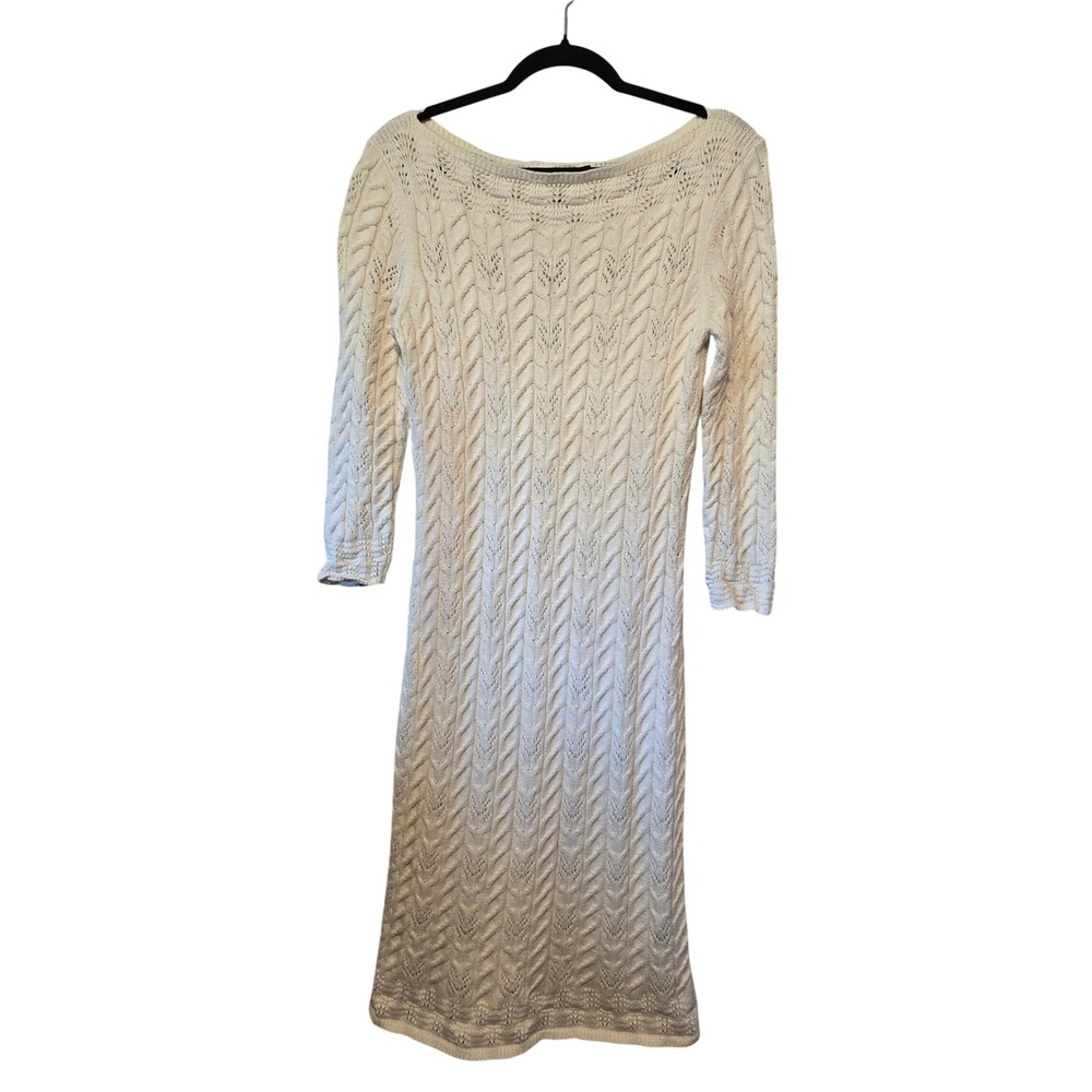 Lauren Ralph Lauren Cable Knit Sweater Dress Womens M Cream Wool Blend Preppy